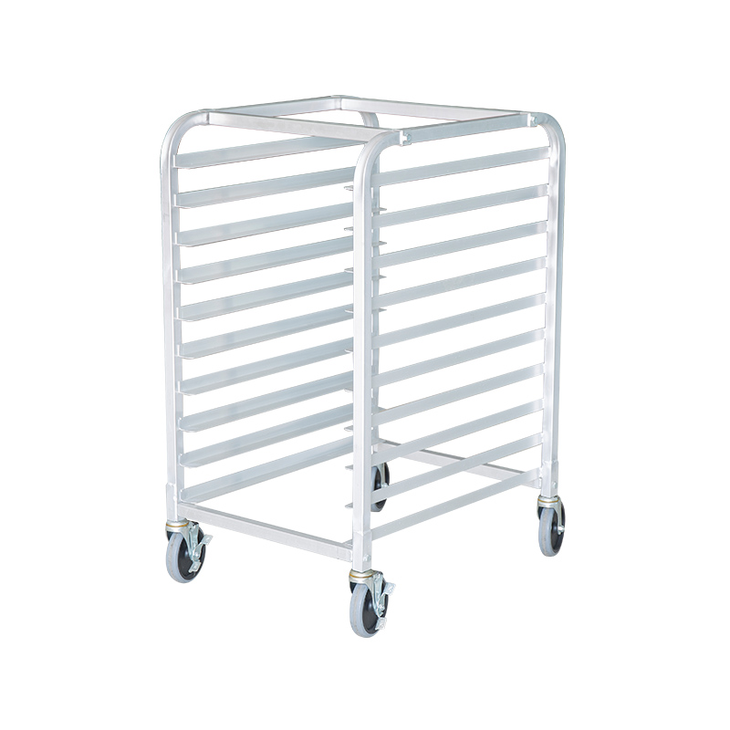 10-tier na mataas na kalidad na aluminyo sheet pan/bun pan rack na may kalidad na mga gulong ng swivel, restawran grade bakery racking para sa buong sheet at kalahating sheet